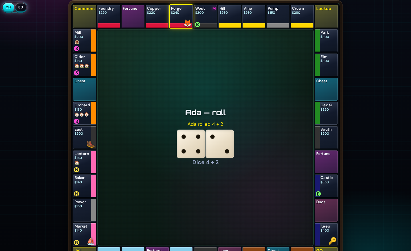 Freehold 2D board on the TV, with owned streets, player tokens, and a turn banner.