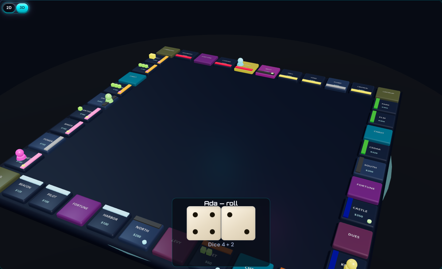 Freehold 3D city table on the TV, with tokens on the streets and a turn banner.