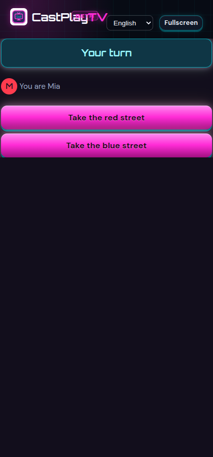 Neon Town fork choice on a phone: pay the toll or take the long way around.