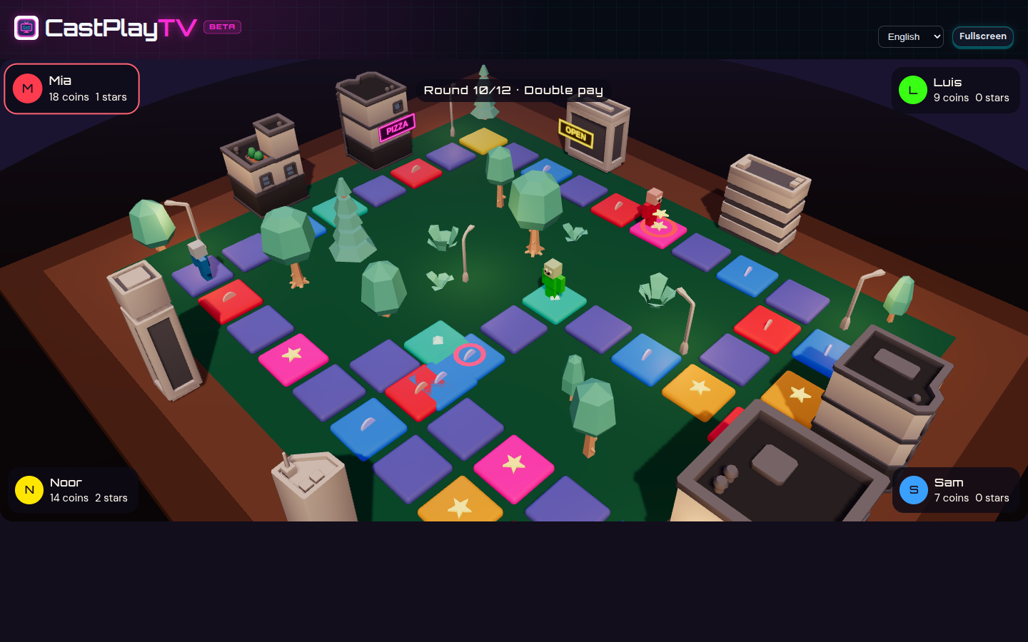 Neon Town board on the TV, a glowing city grid with player tokens and a rent banner.