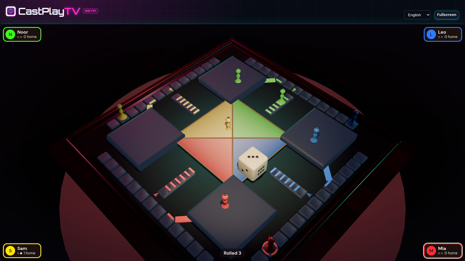 Nest Dash on the TV: a cross-shaped 3D board with colored tokens, nests, and a turn banner.
