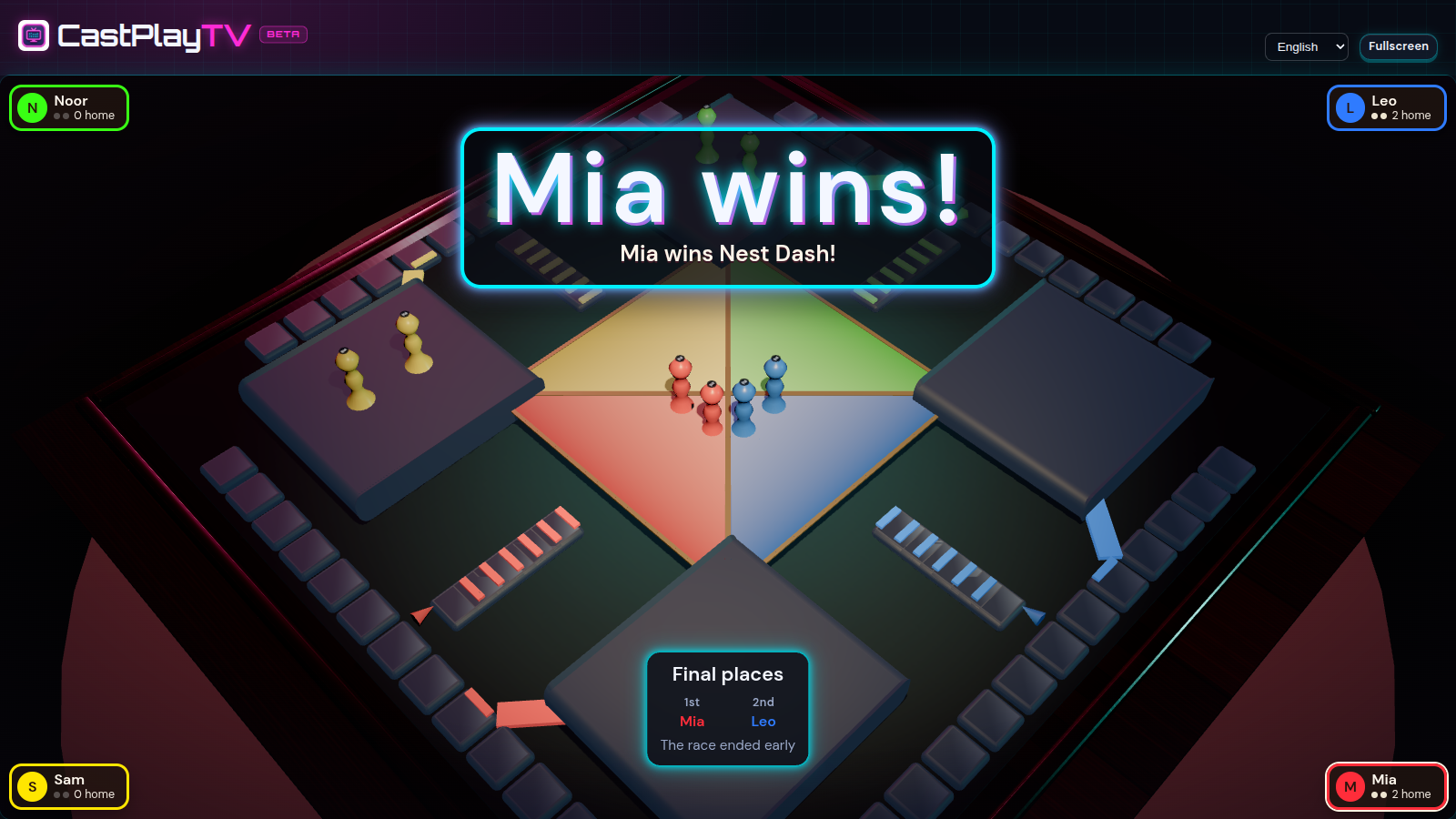 Nest Dash win screen: both red tokens finished, with options to play for second or end the game.