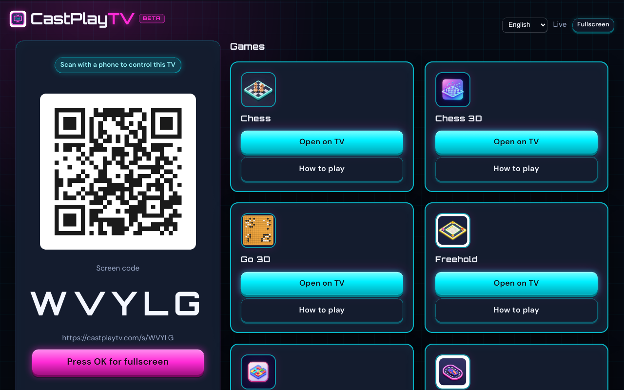 CastPlayTV main screen on a television, with a room code and QR code for phones to join.